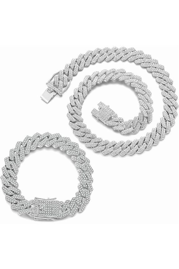 2 Pieces Cuban Link Chain Mens Iced Out Miami Cuban Necklace and Bracelet Silver Bling Diamond Hip Hop Jewelry for Men and Women