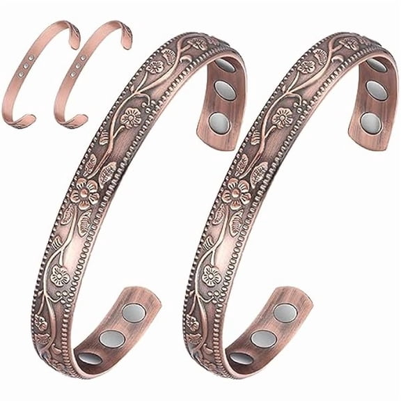 ZLC Copper Bracelet for Women, 11X Ultra Strength Magnetic Bracelets, 99.99% Pure Copper Cuff Bangle with 3500 Gauss Neodymium Magnets, Adjustable, Vintage Flower Collection (Set of 2)