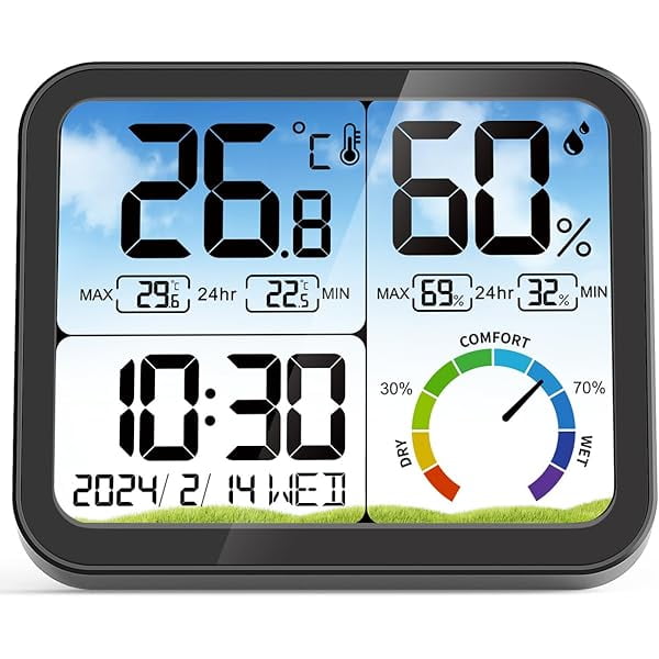 ZLC Digital Indoor Room Thermometer - 5.8'' Extra Large Display Temperature Humidity Sensor with Accurate Temp Humidity Gauge Monitor, Calibration, Max & Min Records, Comfort, Backlit, Date & Clock