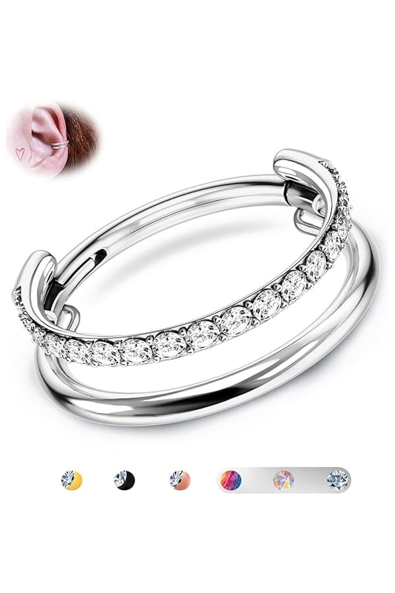 G23 Titanium Cartilage Earring Hoop Stacked Clicker 16G CZ Double/Triple Septum Rings Conch Piercing Jewelry Tragus Daith Helix Earrings Nose Rings Hoops for Women Silver/Gold 8mm 10mm 12mm