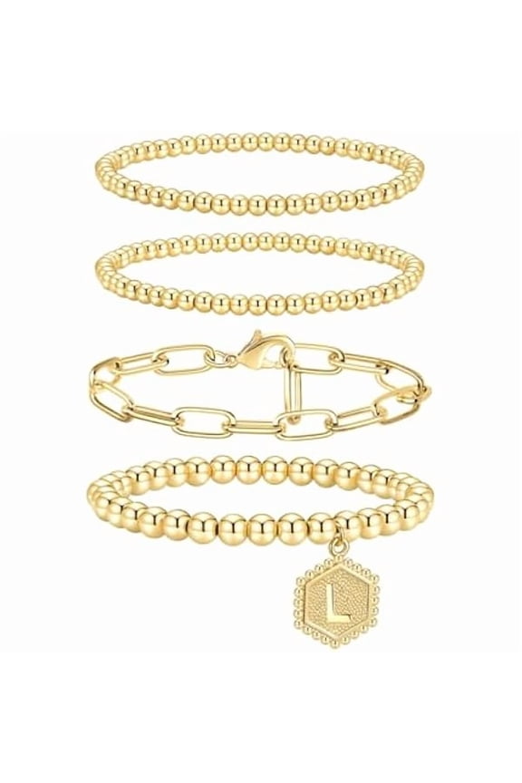 Gold Bracelets for Women, 14K Gold Plated Stackable Initial Beaded Bracelet with Letter Pendant Waterproof Stretch Trendy Stack Jewelry Set Gifts for Women