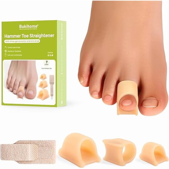 ZLC Hammertoe Corrector - 6 Count Gel Toe Straighteners and 1 Count Broken Toe Wrap - Realign Bent, Curled, Crooked, Claw, Hammer Toes - Toe Corrector Splints for Men and Women, 4 Different Sizes