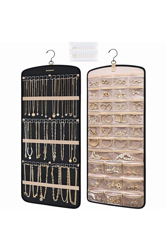 Hanging Jewelry Organizer, Necklace Holder Anti-tangle Earrings Rings Hanger with 20 Jewelry Bags Travel Storage Roll with Pockets Hang on Closet, Wall, Door,1 Piece, Large, Black