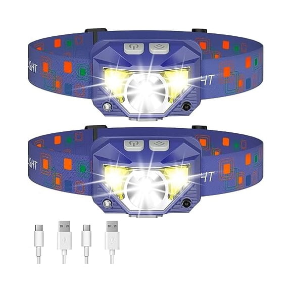 ZLC Headlamp Flashlight, Lumen Ultra-Bright LED Rechargeable Headlight with White Red Light,2-Pack Waterproof Motion Sensor Head Lamp,8 Modes for Outdoor Camping Running Fishing- Blue