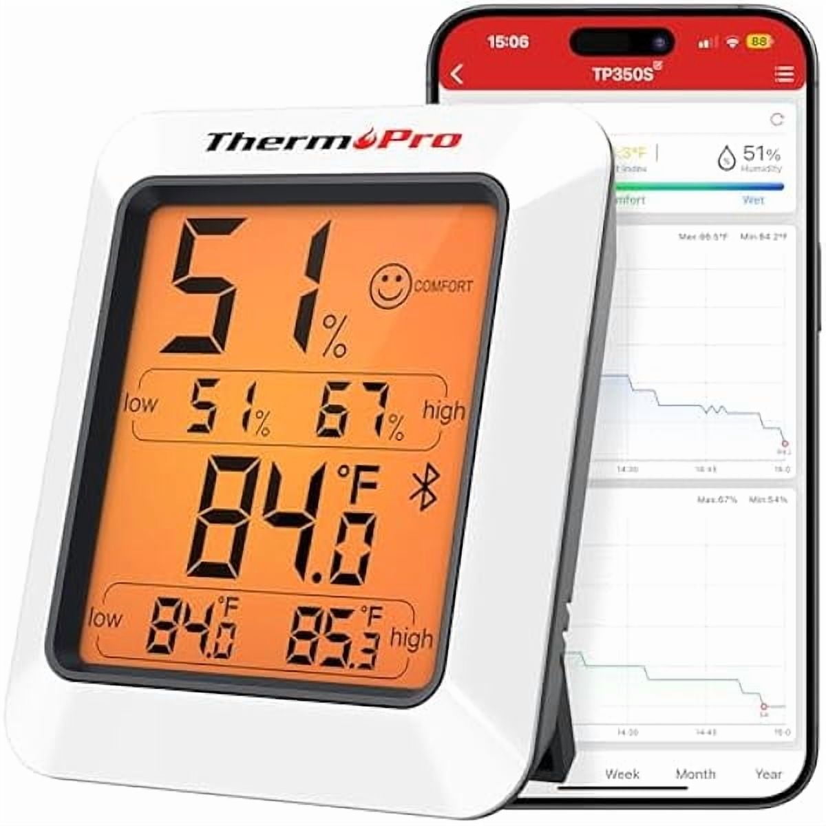 ZLC Hygrometer Thermometer for House TP350, Bluetooth Room Indoor Greenhouse Thermometer Monitor Up to 260FT, Backlit Humidity Meter Temperature Sensor with 2-Year Data Export