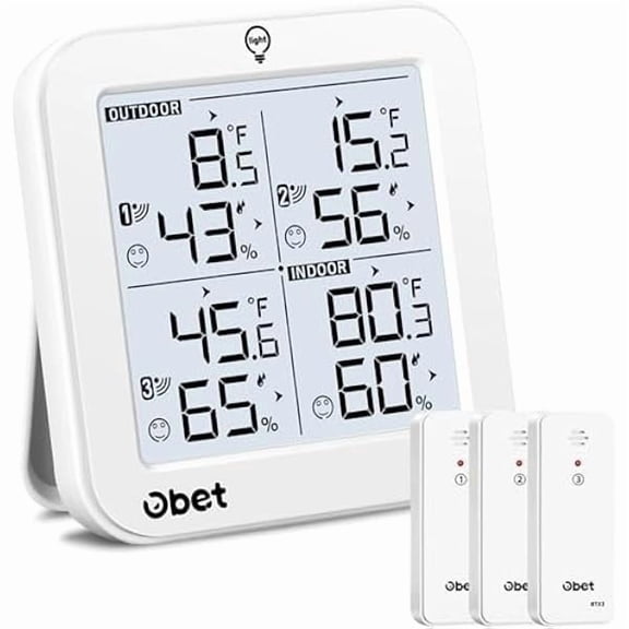 ZLC Indoor Outdoor Thermometer Wireless with 3 Sensors Weather Station Temperature Humidity Monitor 500ft Range and Adjustable Backlight and Min Max Data White