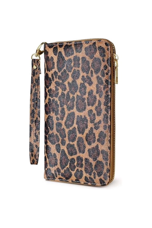 Leopard Wallet for Women with Credit Card Holder Money Pockets Wristlet Band Wallets Case Coin Money Clip Woman Purse with RFID Blocking Large Capacity with Zipper