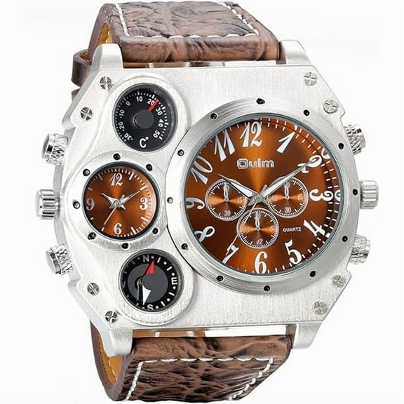 ZLC Mens Big Face Watch, Dual Time Zone Leather Strap Sport Watch, Analog Quartz Wrist Watch with Decorative Compass Thermometer Dial