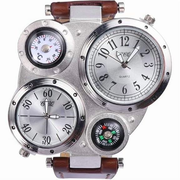 ZLC Mens Big Face Watches - Cool Wrist Watch Genuine Leather Strap Dual Time Zone Sport Watch Analog Quartz Display with Thermometer Compass