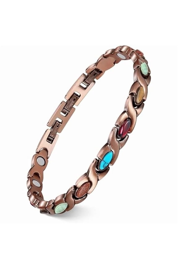Pure Copper Bracelets for Women, Ultra Strength Magnetic Bracelet with 3800 Gauss Magnets & Natural Turquoise & Stones, Adjustable, Jewelry Gift