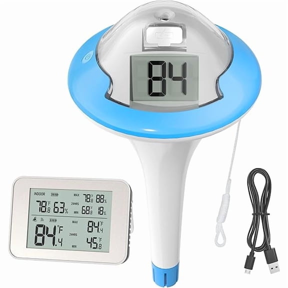 ZLC Rechargeable Wireless Pool Thermometer Floating Easy Read, Dual Screens Big Digits Water Thermometer for Swimming Pool, Hot Tub, Hot Spring, Aquarium (Blue)