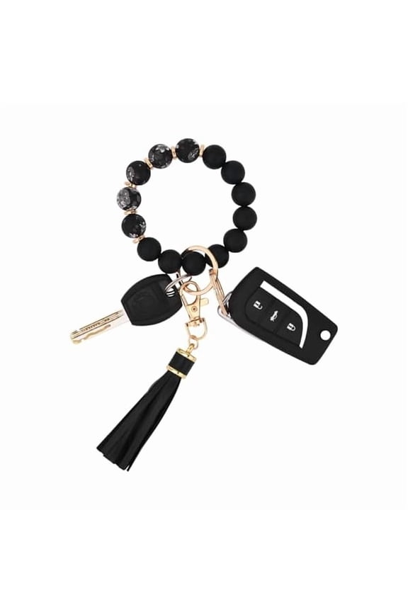 Silicone Beaded Bracelet Keychain Wristlet Key Ring Bangle Chains for Women with Leather Tassel