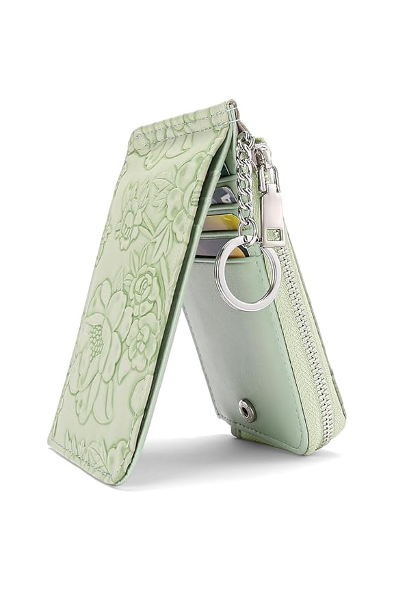 Small Credit Card Holder Wallet for Women RFID Leather Slim Wristlet Keychain Wallets With Zipper Pocket