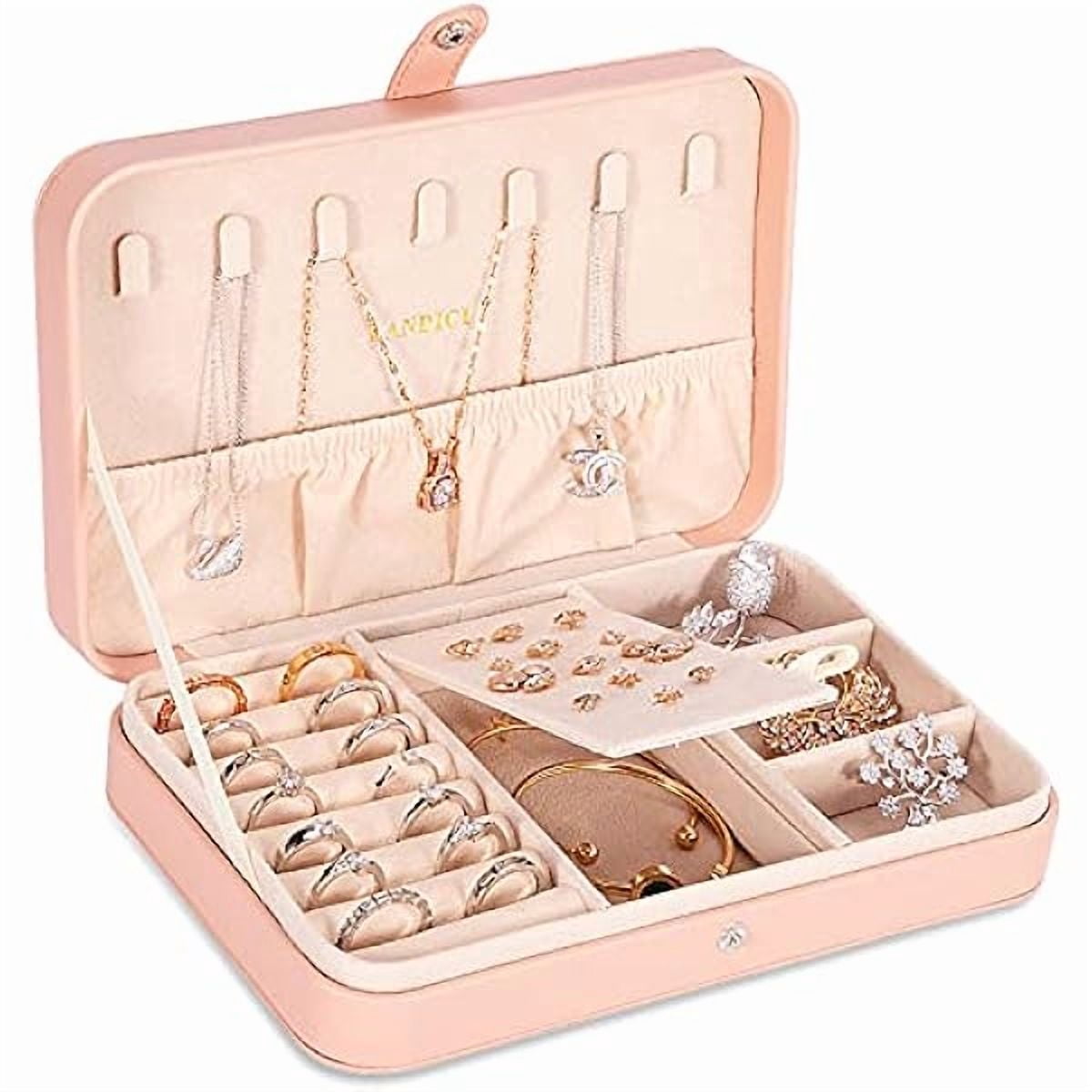 ZLC Small Jewelry Box for Women Girls, PU Leather Travel Jewelry Case, Portable Jewelry Organizer Storage Holder Display for Ring Earrings Necklace Bracelet Bangle Men Kids Gift, Pink