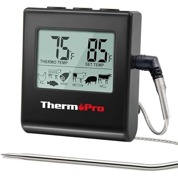 ZLC TP16 Large LCD Digital Meat Thermometer for Cooking, Smoking, Grilling, BBQ Food Thermometer with Clock Timer and Stainless Steel Probe, Black