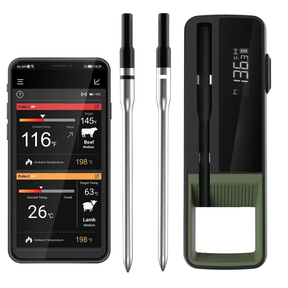 ZLC Wireless Meat Thermometer with 2 Meat Probes, 500FT Bluetooth Meat Thermometer for Cooking with LCD-Enhanced Booster for Food Turkey Beef Rotisserie BBQ Oven Smoker Thermometer