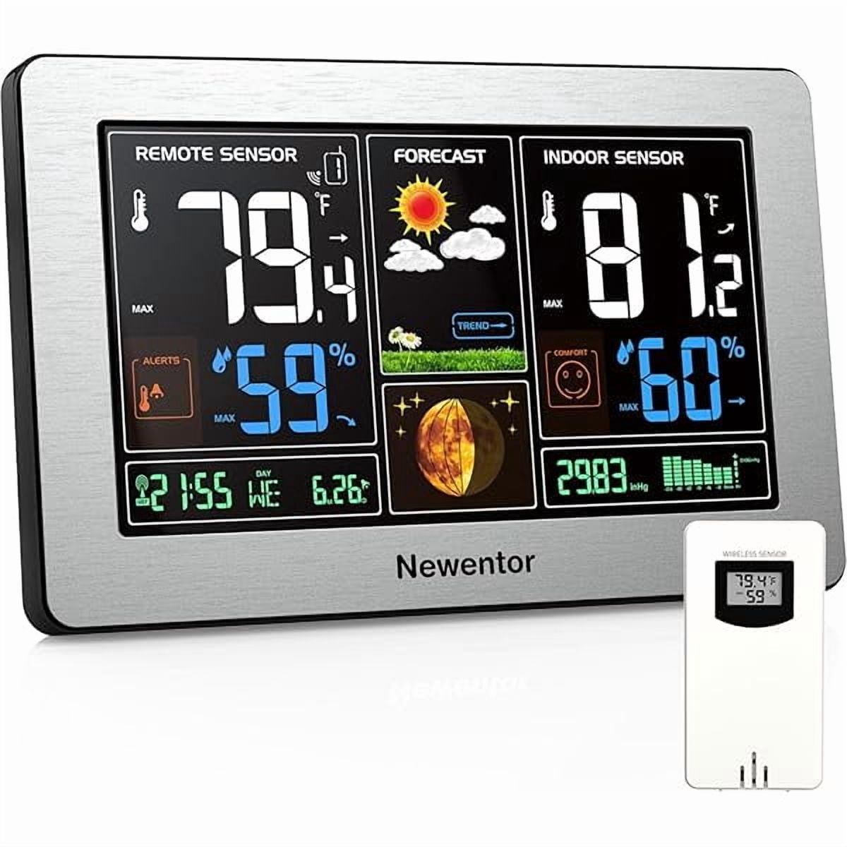 ZLC Weather Station Wireless Indoor Outdoor Thermometer, Color Display Digital Weather Thermometer with Atomic Clock, Barometric Pressure, Forecast Station with Adjustable Backlight, Sliver