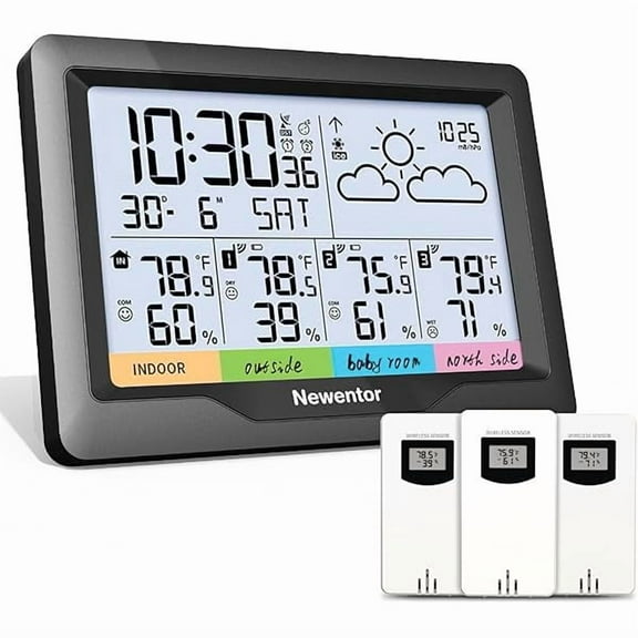 ZLC Weather Stations Wireless Indoor Outdoor Multiple Sensors, Indoor Outdoor Thermometer with Atomic Weather Clock Battery Powered, Temperature Humidity Monitor and Barometer for Home, White