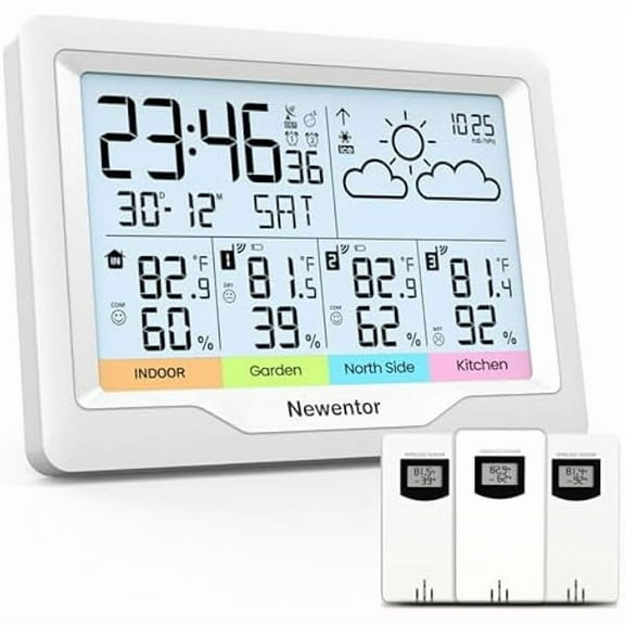 ZLC Weather Stations Wireless Indoor Outdoor Multiple Sensors, Indoor Outdoor Thermometer with Atomic Weather Clock Battery Powered, Temperature Humidity Monitor and Barometer for Home, White