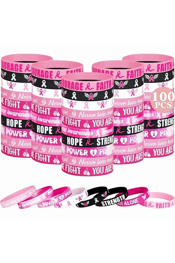 100pcs Breast Cancer Bracelets, Rubber Bracelets Breast Cancer Awareness Bulk Items, Wristband with Motivational HOPE STRENGTH FAITH COURAGE, Bracelet for Women Party Favor