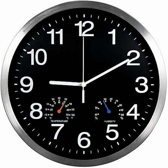 ZLC12 Inch Silver Aluminum Frame Wall Clock with Thermometer Hygrometer Battery Operated Silent Movement Decorative for Home