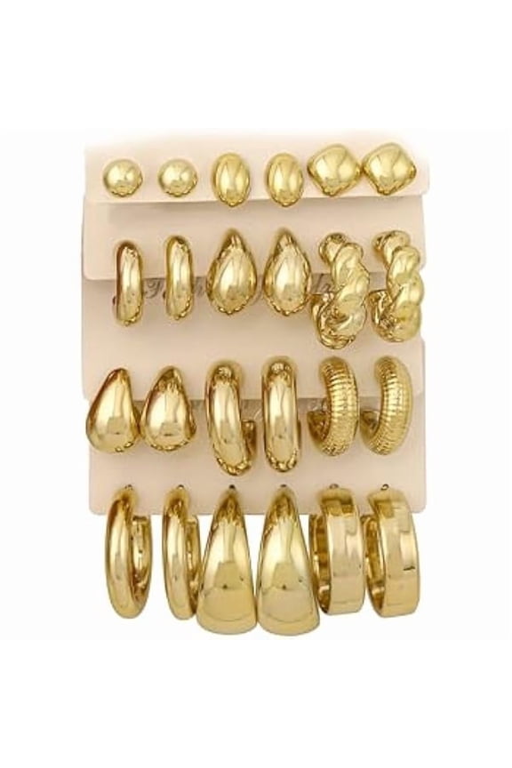 12 Pairs Chunky Gold Hoop Earrings for Women Trendy, Gold Plated Lightweight Hypoallergenic Stack, Thick Open Twisted Huggie Hoops Earring Set