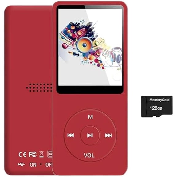 ZLC128GB MP3 Player with Bluetooth 5.2, Portable Red Music Player for Kids with Built-in HD Speaker, FM Radio, Voice Recorder, Earphones Included