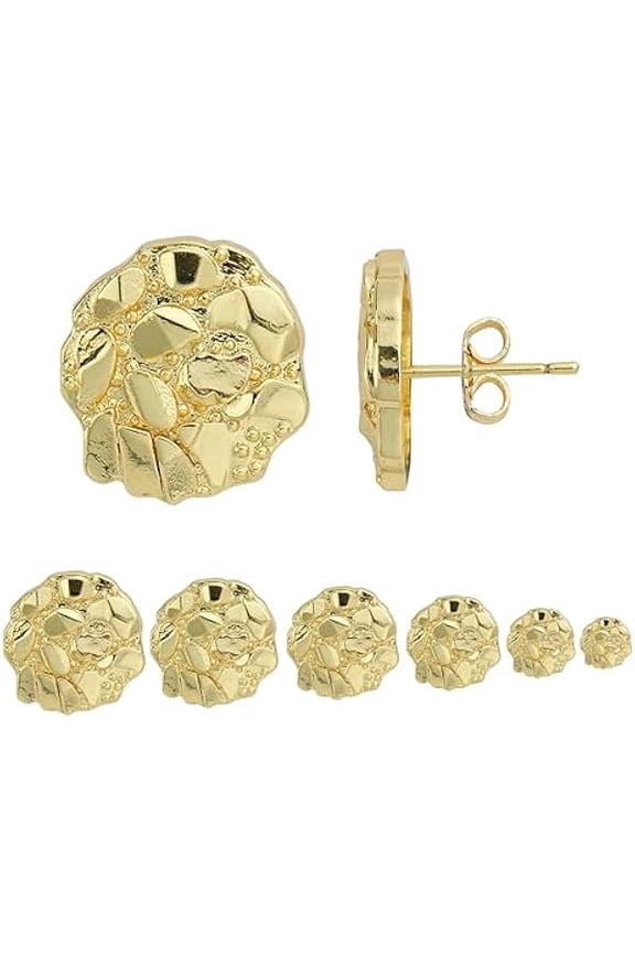 14k Gold Plated Round Rough Textured Cookie Nugget Stud Earrings For Men/Women Unisex