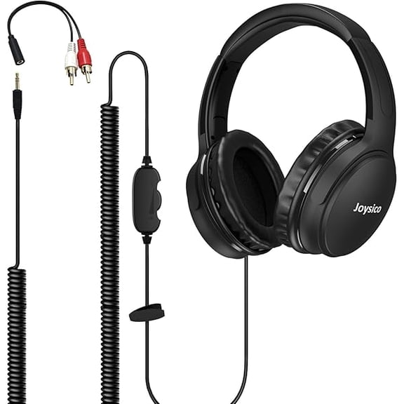 ZLC19.5Ft / 6M Extra Long Cord Headphones for TV PC with Volume Control, Spring Coiled Cable, 3.5mm AUX, Wired Over Ear Earphones for Seniors Hard of Hearing, Large Comfortable Computer Headset