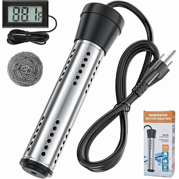 ZLC2000W Immersion Water Heater with Dry Burn Protection, Auto Shut-Off - Portable Electric Water Heater with LCD Thermometer 304 SS Guard, Bucket Heater for Camping, Bathtubs, Swimming Pools