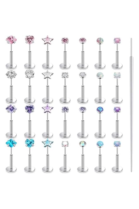 20G 18G 16G Threadless Nose Rings Studs Flat Back Earrings Surgical Stainless Steel Opal Nose Rings Stud Tragus Helix Conch Cartilage Earrings Piercing Jewelry For Women Men Hypoallergenic