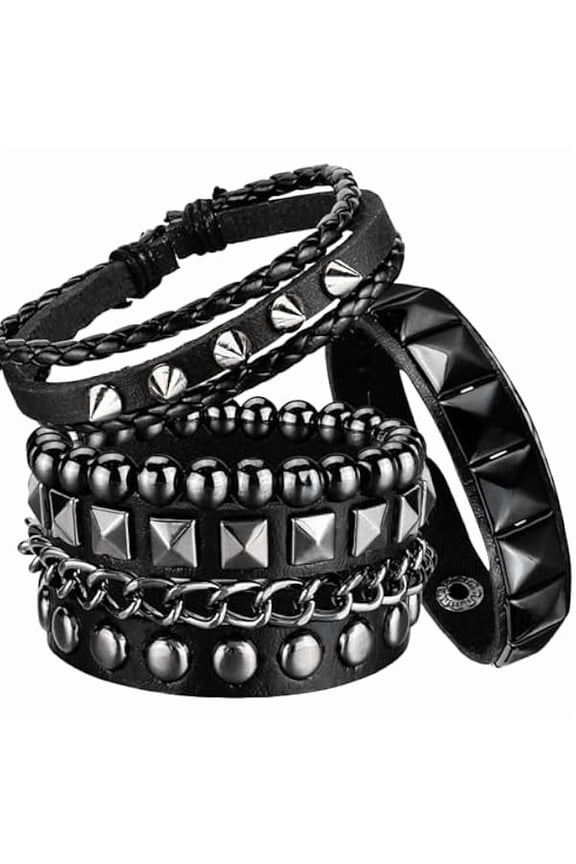 4 Pcs Punk Rock Leather Studded Bracelets for Men Women 80s Gothic Spike Cuff Bracelet Set Emo Accessories for Rocker Outfits