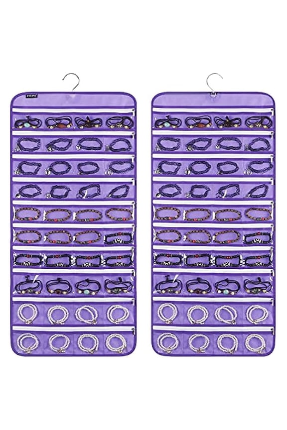 80 Zippered Pockets Hanging Jewelry Organizer for Holding Jewelries Dual-Sided Accessory Display Holder for Earrings Bracelets Rings (80 Zippered Pockets-Purple)