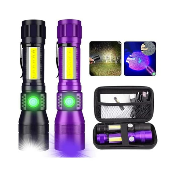 ZLCBlack Light flashlight, 3 in-1 Rechargeable Flashlights, UV Light Magnetic LED Flashlight High Lumens, 7 Mode Camping Waterproof Flashlight for Pet Urine Detection ((Black + Purple) with case)
