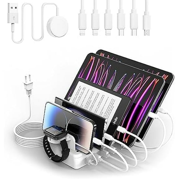 ZLCCharging Station Multiple Charger Station - 2025 New 6-Port USB Fast Charging Dock 50W Organizer Station with Watch Charger for iPhone|Android Cell Phone|iPad|Kindle|Watch|Tablet