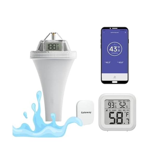 ZLCDigital Pool Thermometer with Hub, Remote Checking Easy Read Digital Floating Water Thermometer for Hot Tub, Ice Bath Swimming Pool, Spa and Fish Bowl, Gateway