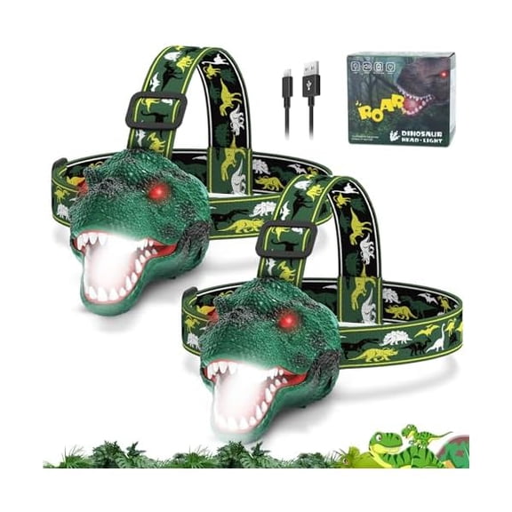 ZLCDinosaur Headlamp for Kids Flashlight 2 Pack, Rechargeable Led Headlights Roar & Silent Mode, T-Rex Dinosaur Toys, Camping Gear, Gifts for Boys Girls Adults