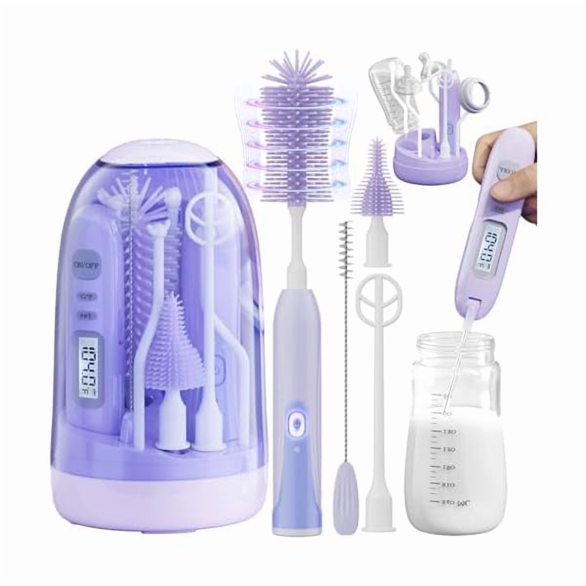 ZLCElectric Bottle Brush Cleaner,Rechargable Baby Bottle Brush with Thermometer,Drying Rack,Waterproof Baby Bottle Cleaner with Silicone Nipple Brush,Straw Brush (Violet)