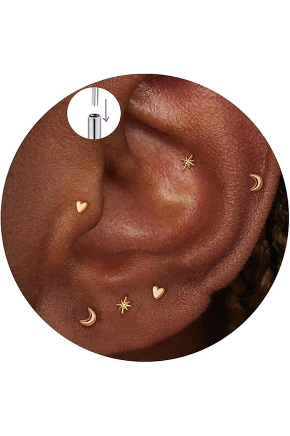 Flat Back Helix Piercing Jewelry, Tiny Threadless Flatback Stud Earrings 20G/18G/16G Titanium Cartilage Star Tragus Earrings Set Hypoallergenic Small Nose Conch Piercing Jewelry