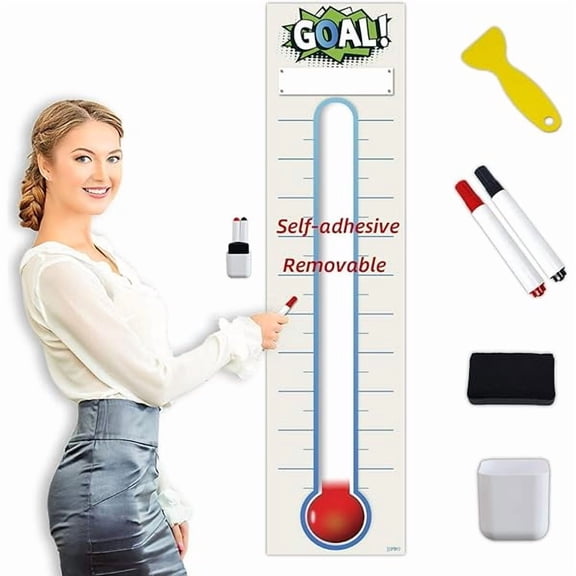 ZLCFundraising Thermometer Chart Goal Tracker Decal - 48"x12" - Dry Erase Goal Setting Wall Poster Thermometer - Removable Giant Sales Goal Vinyl Sticker (Blue)