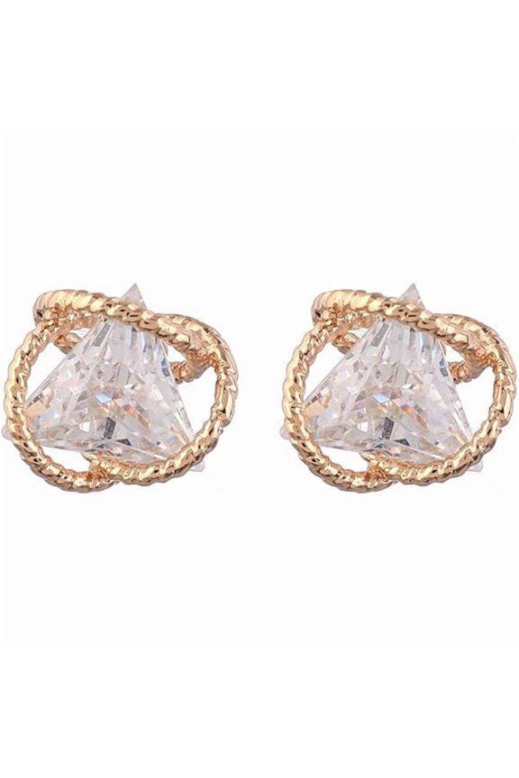 Geometric Triangle Cubic Zirconia Stud Earrings for Womens, Gold-Plated-Brass,