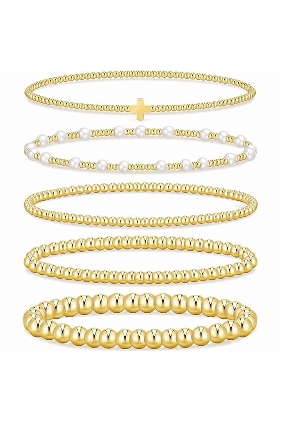 Gold Beaded Bracelets for Women, 14K Real Gold Plated Jewelry for Women Dainty Pearl Bead Bracelets Stack, Non Tarnish Trendy Stackable Ball Cross Stretch Bracelet Set Fashion Accessories Gifts