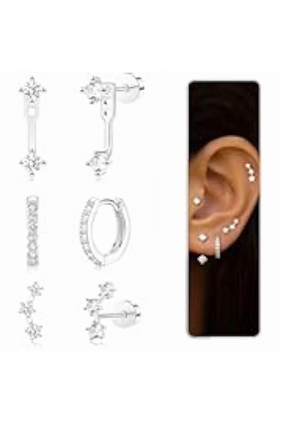 Gold Stud Earrings Set for Women, 3 Pairs Huggie Hoop Jacket Studs Earring Stacks, Hypoallergenic 925 Sterling Silver Post Dainty Birthstone Trendy Women Fashion Accessories Jewelry Gifts