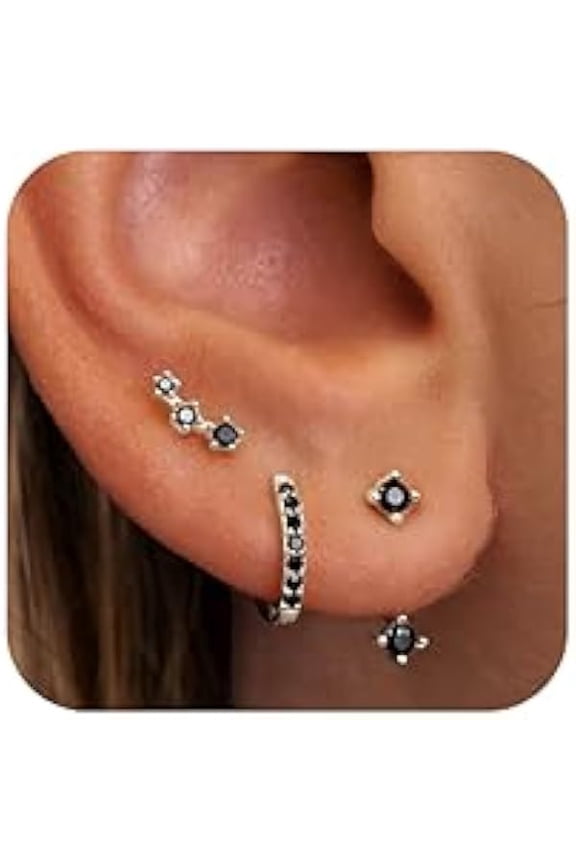 Gold Stud Earrings Set for Women Trendy, 3 Pairs Huggie Hoop Jacket Studs Earring Stacks Silver, Dainty Birthstone Women Fashion Accessories Holiday Jewelry Gifts