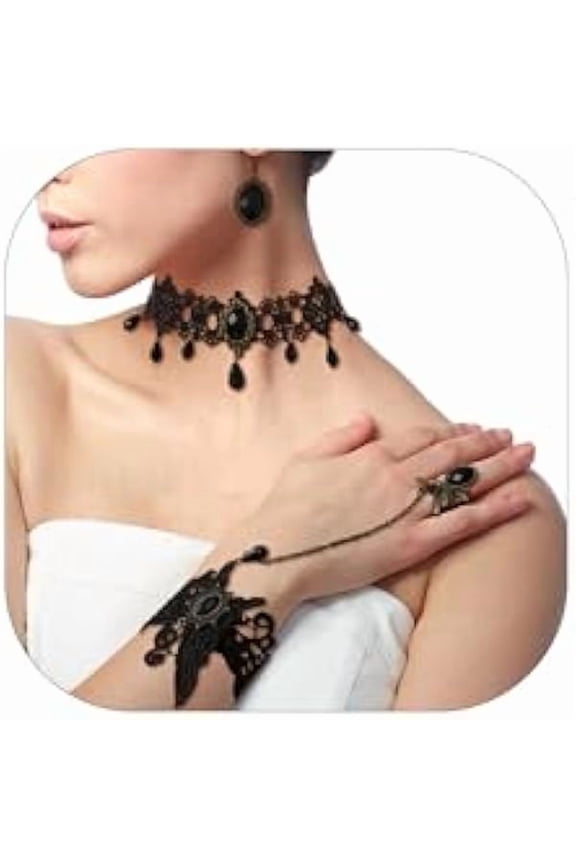 Gothic Victorian Style Vampire Choker Necklace Bracelet Earrings Set,Halloween Pirate Steampunk Witch Vampire Costume Accessories Jewelry for Women,Adjustable Size