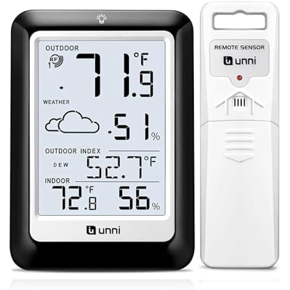 ZLCIndoor Outdoor Thermometer Hygrometer Wireless Weather Station, Temperature Humidity Monitor Battery Powered Inside Outside Thermometers with 330ft Range Remote Sensor(Black)