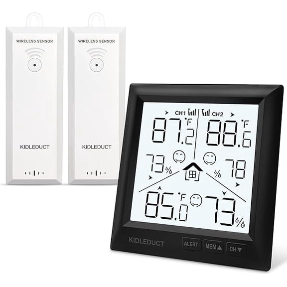 ZLCIndoor Outdoor Thermometer Wireless Battery Powered, High Precision Inside Outside Humidity Temperature with Alert, Backlight Weather Thermometers with 2 Sensors, 330ft Wireless, Black