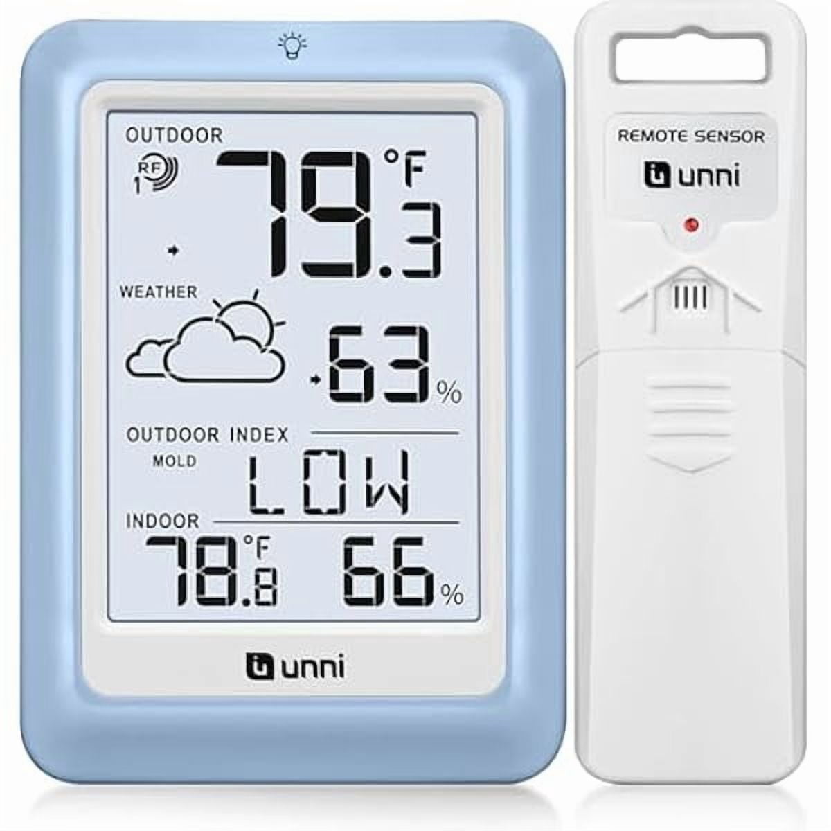 ZLCIndoor Outdoor Thermometer Wireless Weather Station, Temperature Humidity Monitor Battery Powered with 330ft Range Remote Sensor and Backlight Display（Light Blue）