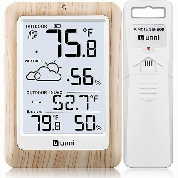 ZLCIndoor Outdoor Thermometer Wireless Weather Station, Temperature Humidity Monitor Battery Powered Inside Outside Thermometers with 330ft Range Remote Sensor and Backlight DisplayWood