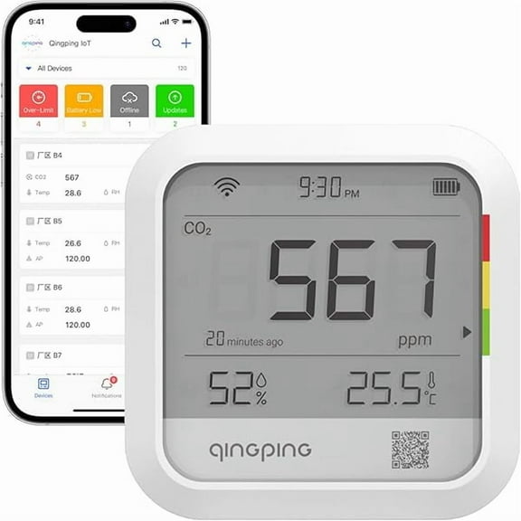ZLCQingping CO2 Monitor Thermometer Hygrometer, Remote Monitoring via Qingping IoT, Temperature and Humidity Monitor for Different Scenarios, Fast Alert Notification, Rechargeable Battrey